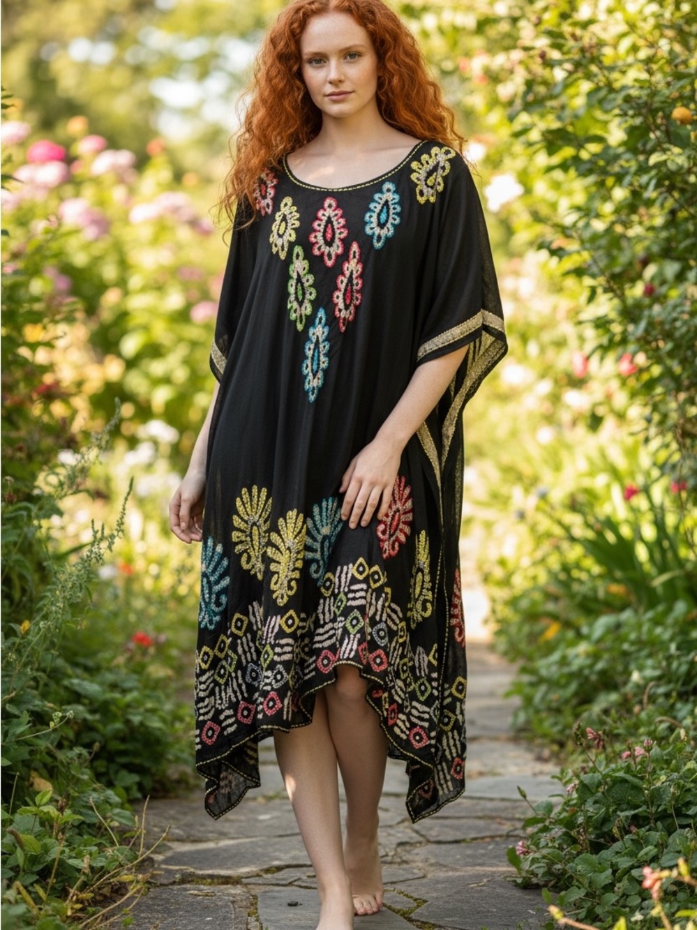 Bohemian Embroidered Black Caftan Dress